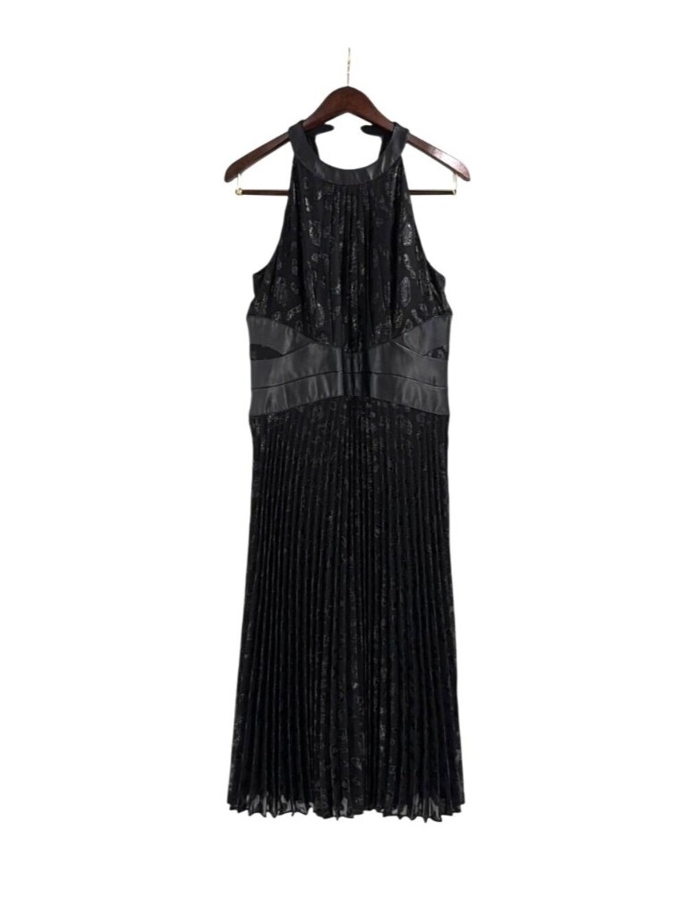 Karen Millen Womens 10 Pleated Midi Halter Dress PU Leather Trim Black Party